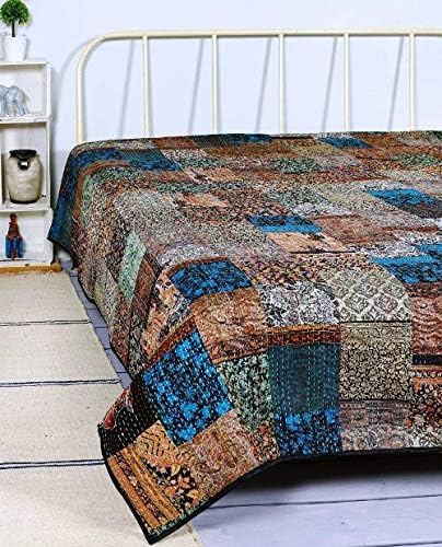 Indian Patchwork Kantha Quilt,Throw Handmade Silk Patola Kantha Bed Cover,King Size Reversible Bedding Bedspread,Vintage Hand Stitch Gudri, Decorative Beach Blanket (Red Color)