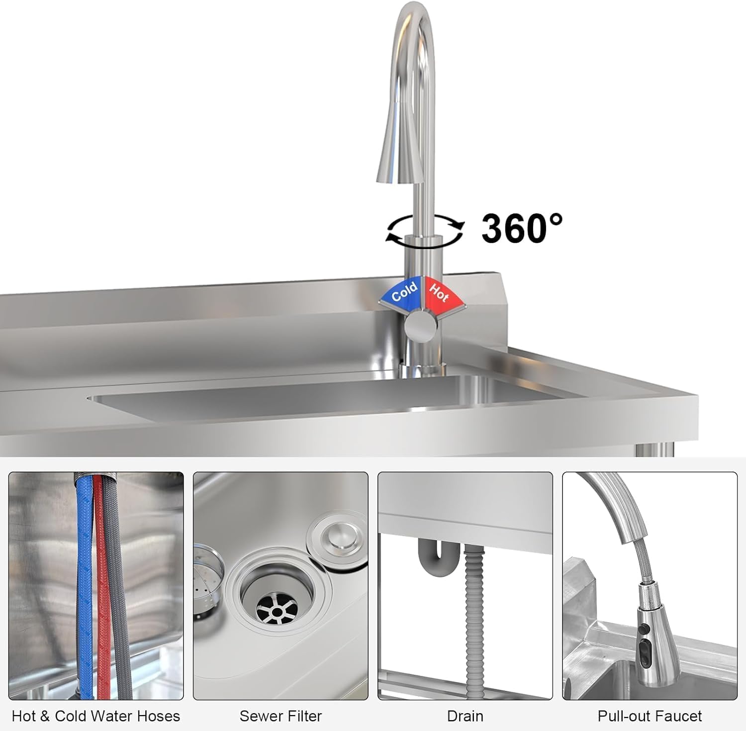 47"x37"x42.5" Stainless Steel Utility Sink, Freestanding Single Bowl with Hot & Cold Water Faucet, Commercial Kitchen Laundry Bathroom Garage Garden Sink