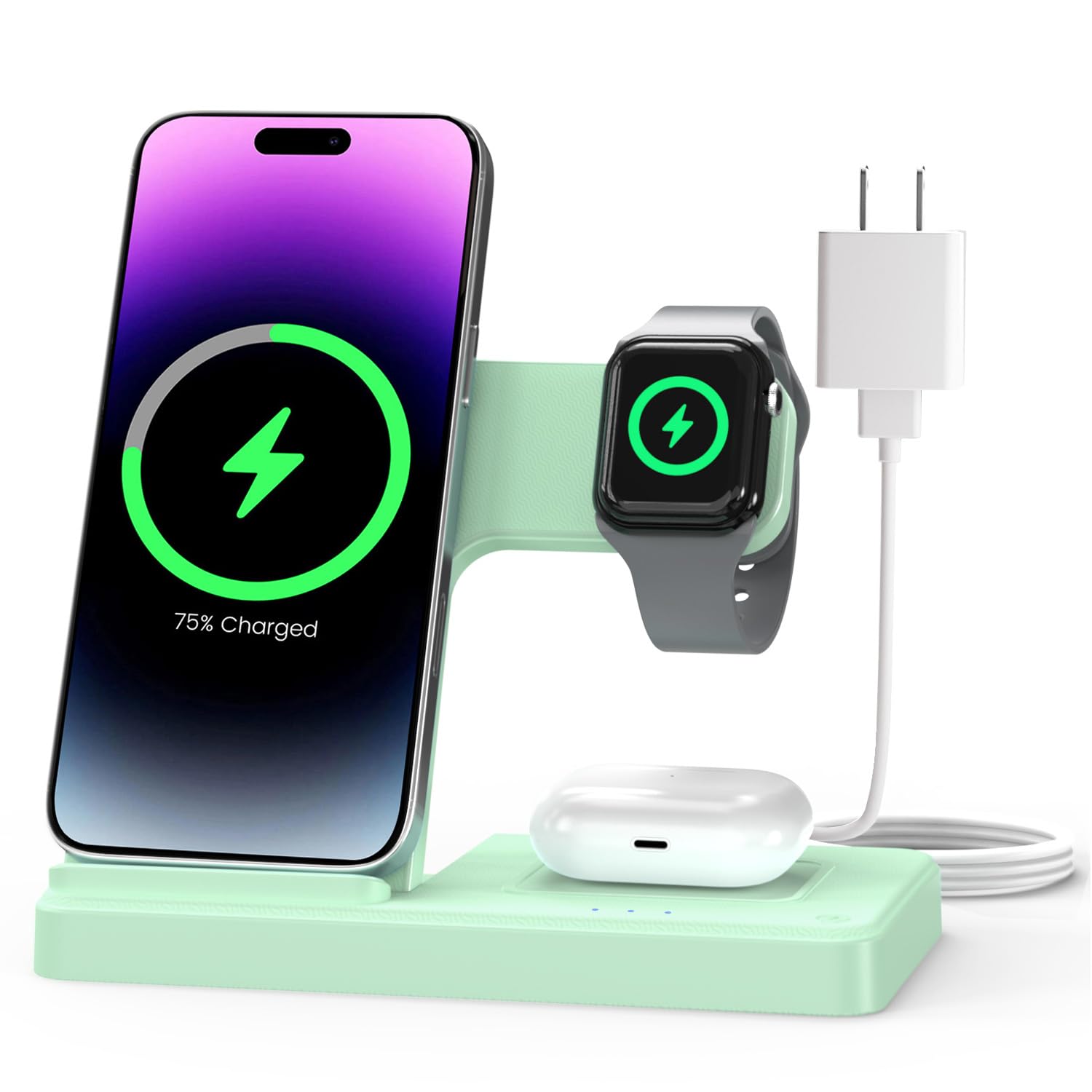 Wireless Charger Stand Charging Station: 3 in 1 Charger Multiple Devices for Apple iPhone 16e 16 15 14 Pro Max 13 12 11 for Watch 10 9 8 7 6 5 4 3 2 SE and Ultra & Airpods Series,Light Green