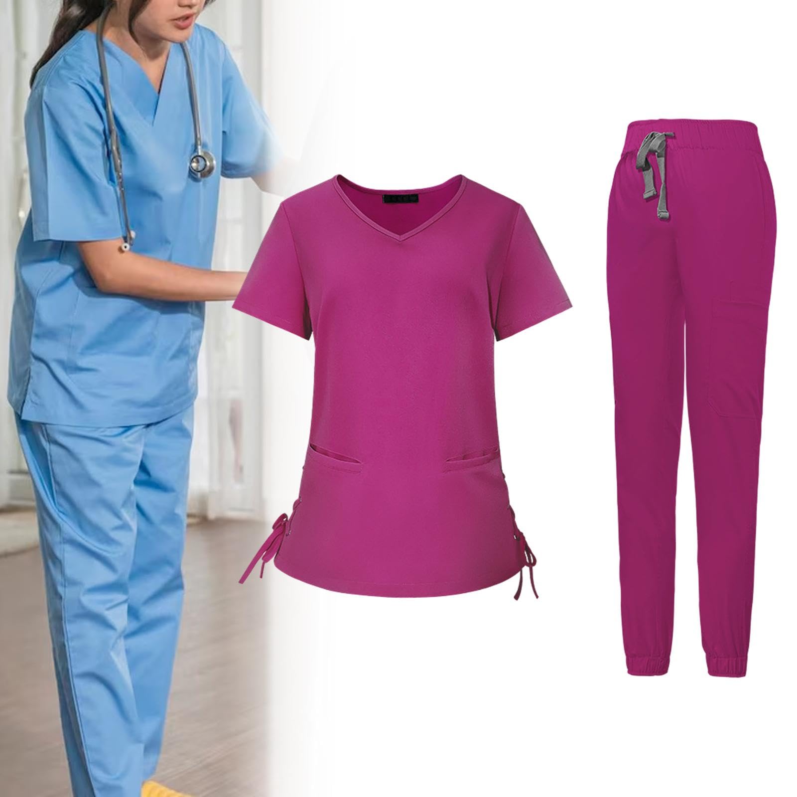kowaku Set Scrub da Donna Divise da Lavoro da Infermiera Abbigliamento da Lavoro Scollo a Pantaloni da Jogger Eleganti Morbidi e Resistenti alle, Rosa scuro L