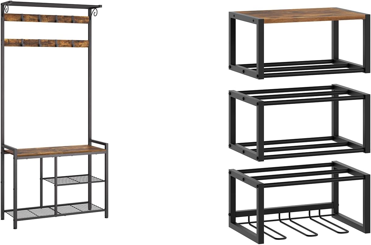 Coat Rack Shoe Bench, 4-in-1 Hall Tree with Storage Shelves and Hanging Rod, 6-Tier Wall Mounted Shoe Rack, MT12BR-SS01BR