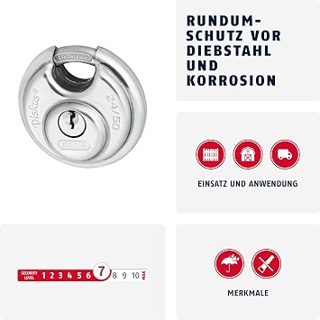 ABUS Diskus padlock 24IB/50 made of stainless steel – with 360° all-round protection – for securing against severe weather conditions – 35041 – ABUS security level 7 – silver