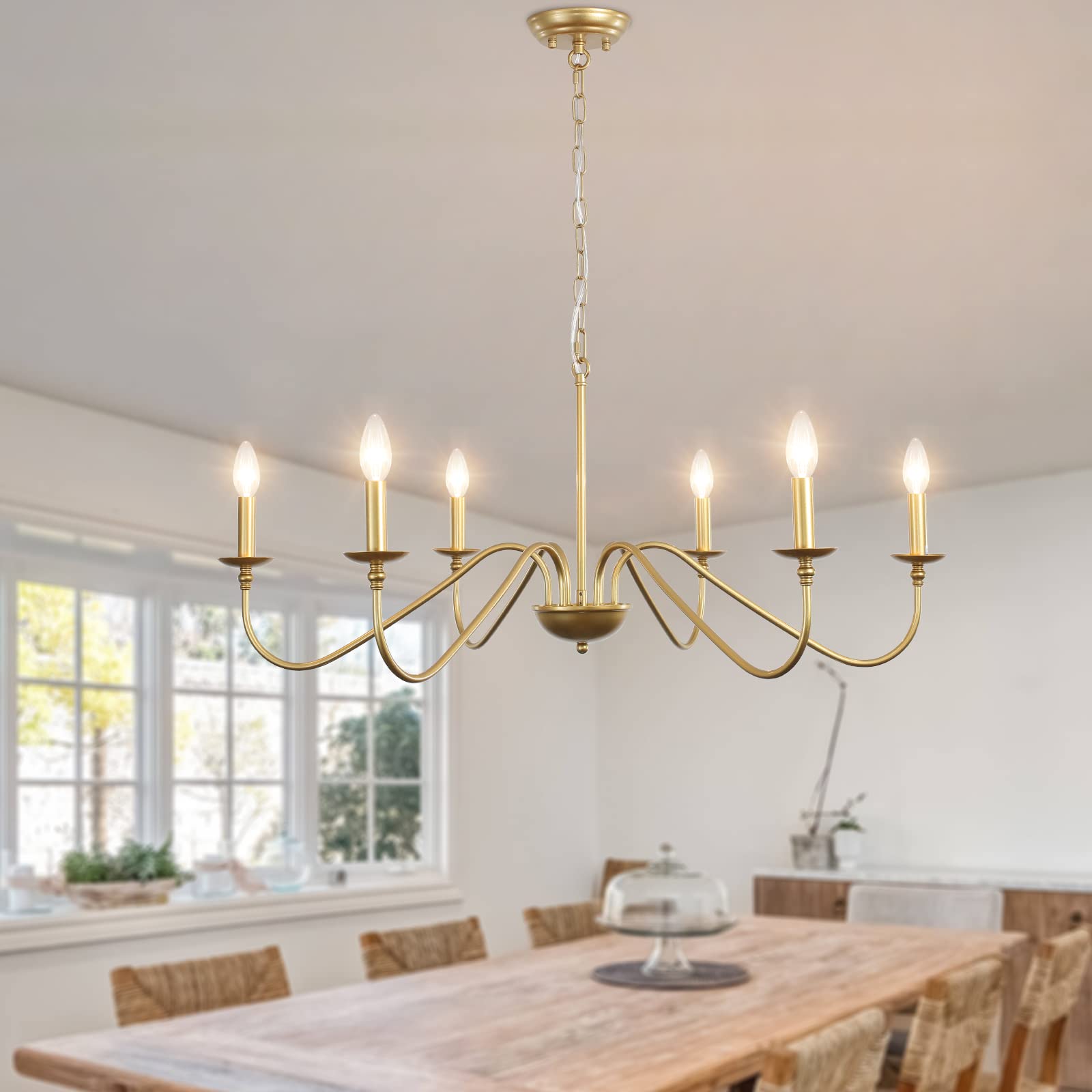 LASENCHOO Gold Chandelier for Dining Room Light Fixtures Over Table, 6 Lights Modern Farmhouse Chandelier, Hanging Candle Industrial Chandeliers for Living Room Bedrooms Foyer Kitchen Island Lighting