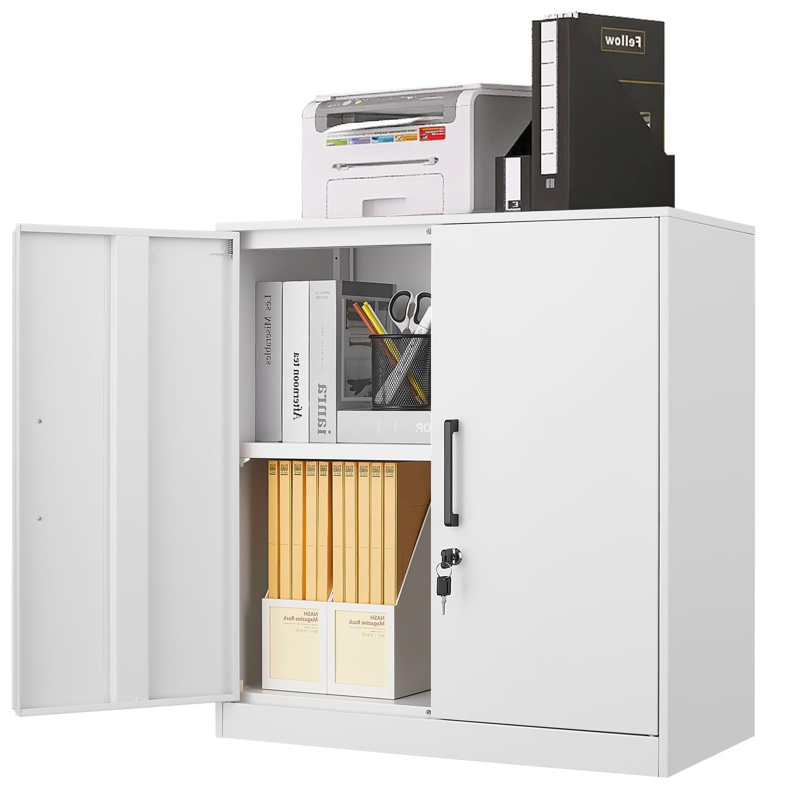 LUCYPAL Locking Storage Cabinets,Metal Cabinet with Adjustable Shelves and 2 Doors,Steel Counter Cabinet with Lockable Doors for Home Office (White)