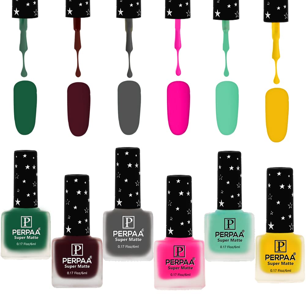 PERPAA® Super Matte Luxury Nail Polish Set of 6 Vibrant Shades 6 ML Each (Grey,Sea Green,Magenta,Yellow,Maroon,Dark Green)