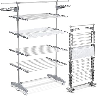 Large 4 Tier Clothes Airer, Laundry Drying Rack Stainless Steel Clothes Horse with Foldable Wings, Telescopic Rod for Indoor Outdoor