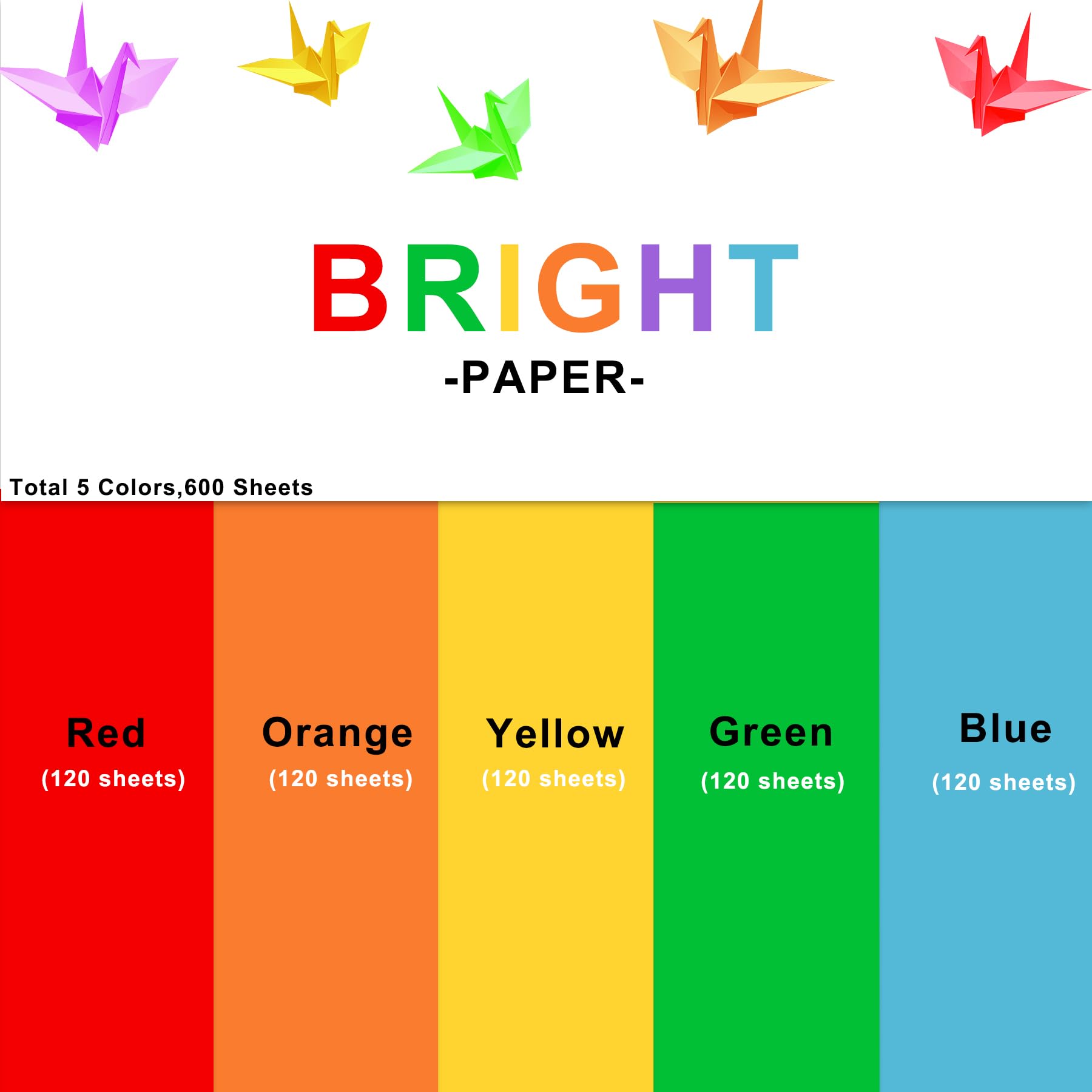 600 fogli di carta colorata 22,5 x 28,5 cm, carta per fotocopie per stampante a colori, 80 g/m², double face, per origami fai da te, 5 colori vivaci