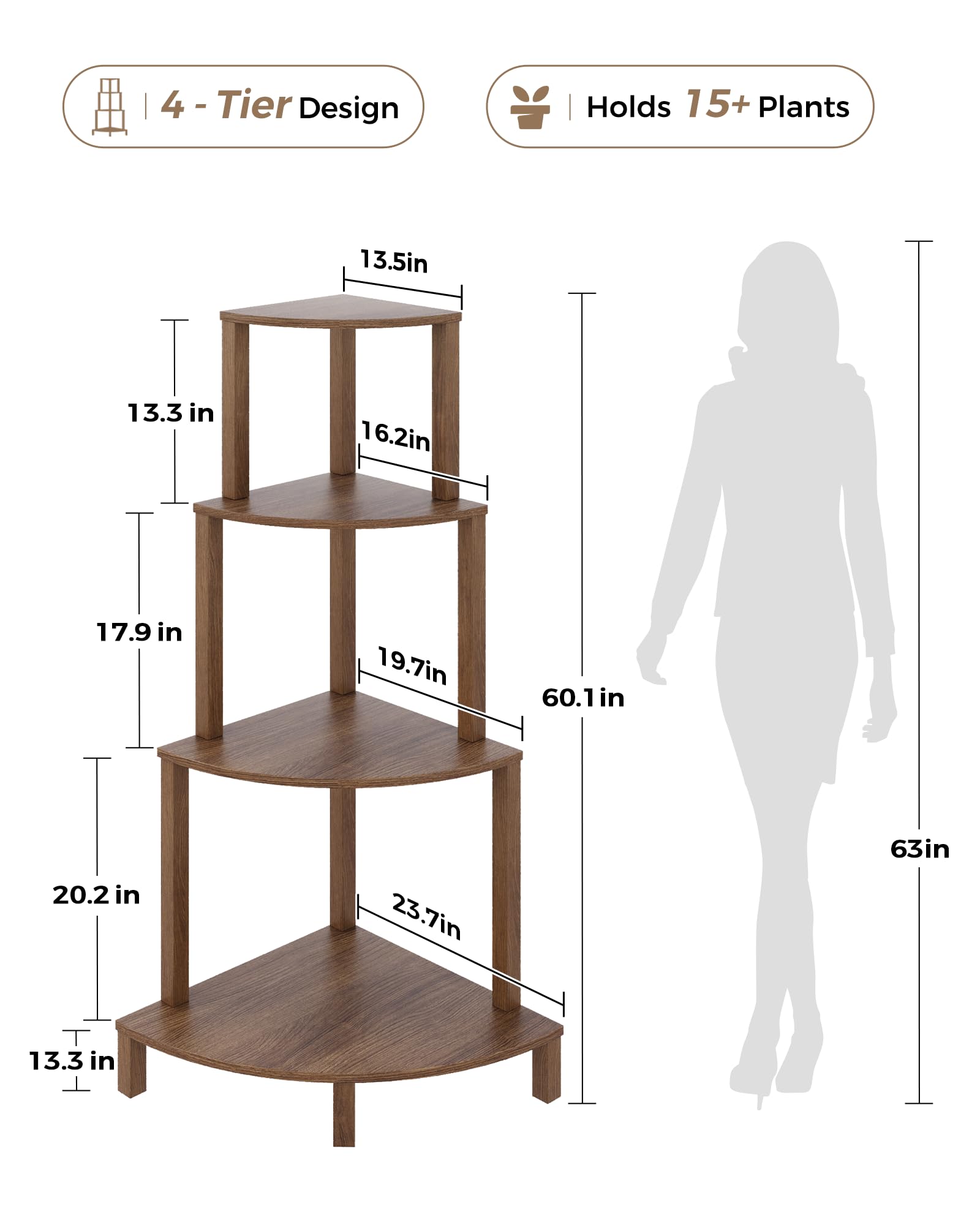 Bamworld Scaffale Piante Angolo 4 Livelli Portapiante Legno Interno Scaffali 155 cm Decor Giardino Soggiorno Balcone