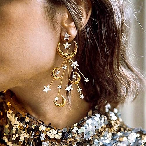 Miniatura 3 de Aretes de estrella y luna para mujer, hechos de cristal de Swarovski, chapados en oro, luna creciente, circonita cúbica, estrellas, aretes colgantes