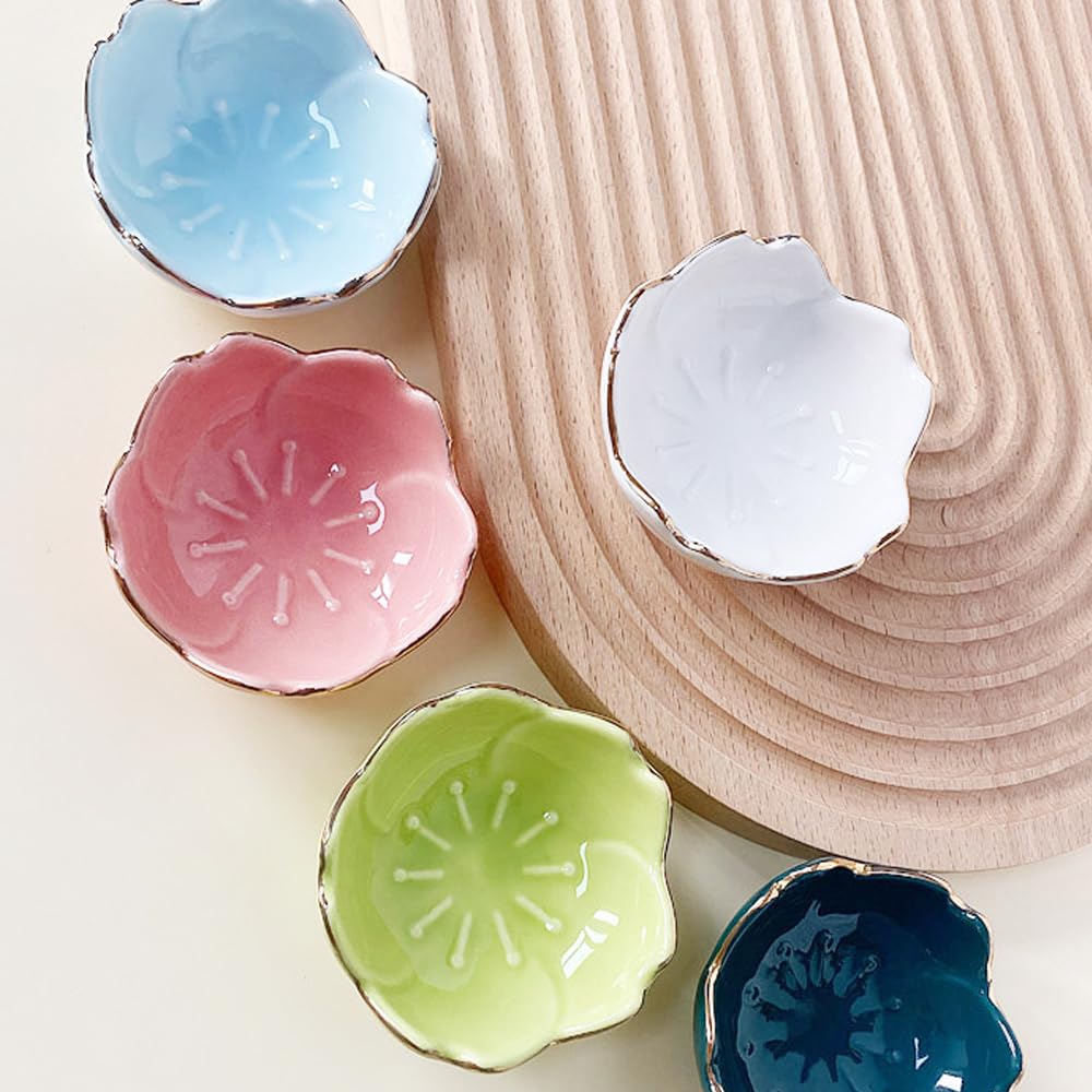 Beautyflier Paquete de 4 platos de cerámica con diseño de flor de cerezo para salsa, platos para servir platillos para aperitivos de sushi, juego de vajilla (flor de cerezo (4 colores