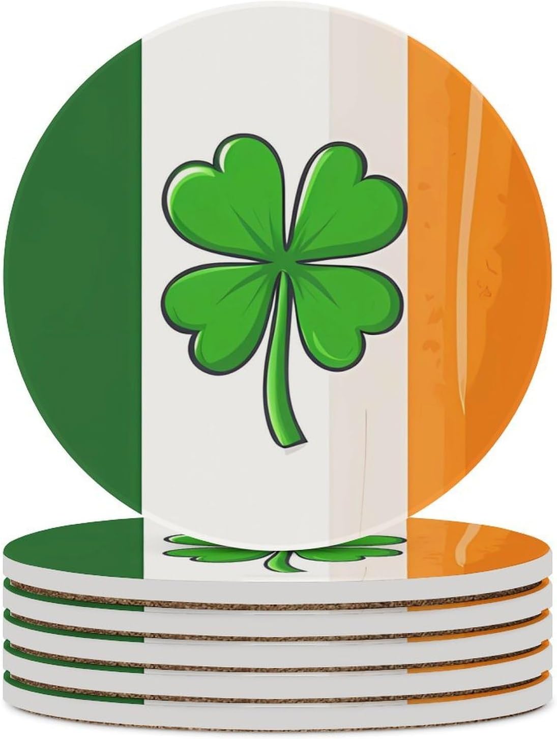 Ireland Shamrock Irish Flag Coasters for Drink Round Ceramic Coaster with Cork Base Home Decorative 6PCS
