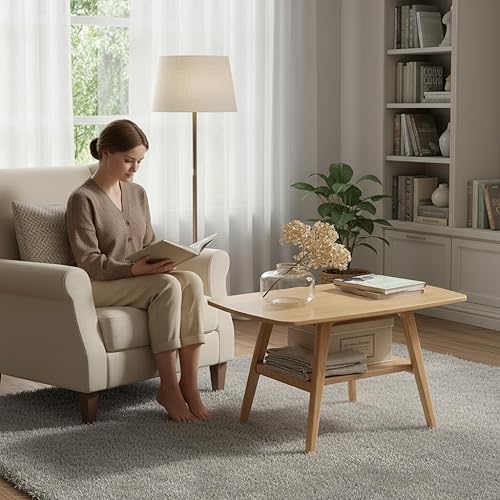 Miniatura 9 de Mesa de centro pequeña para sala de estar, mesas pequeñas modernas de 2 niveles de mediados de siglo con almacenamiento en estantes, mesa de centro