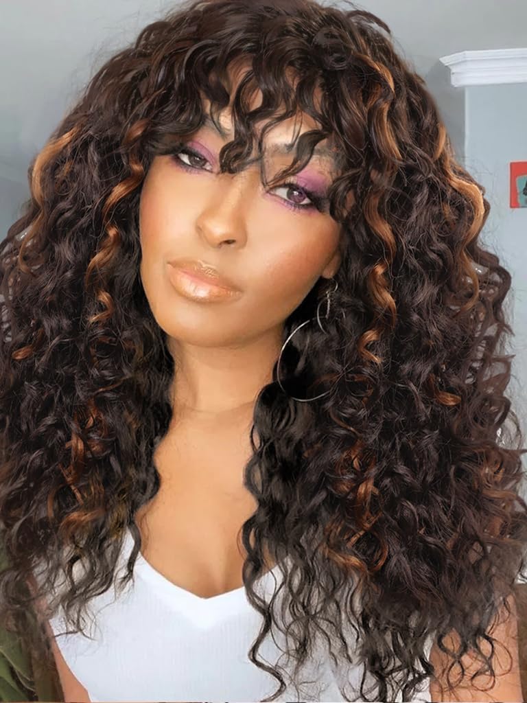 AISI HAIR Curly Wigs for Black Women Brown Mixed Blonde Wig with Bangs，Glueless Bangs Wigs for Women Long Kinky Curly Wig 22 inch for Daily Use