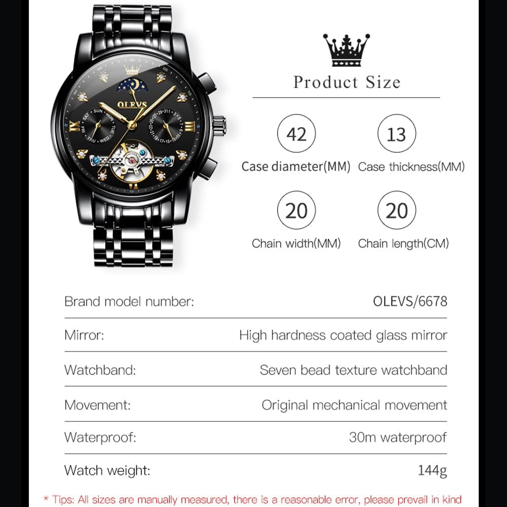 Product size and specification diagram for OLEVS watch