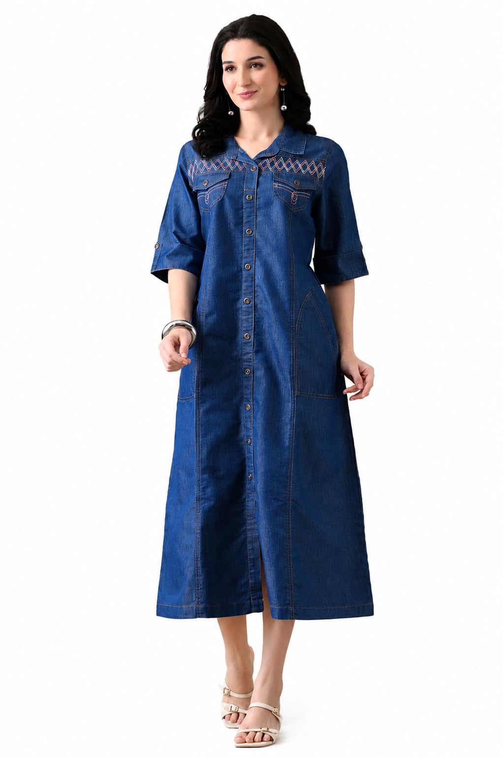 pr clothing Women's Denim Embroidered Shirt Collar Button-Down Midi Dress with Pockets-picture-17