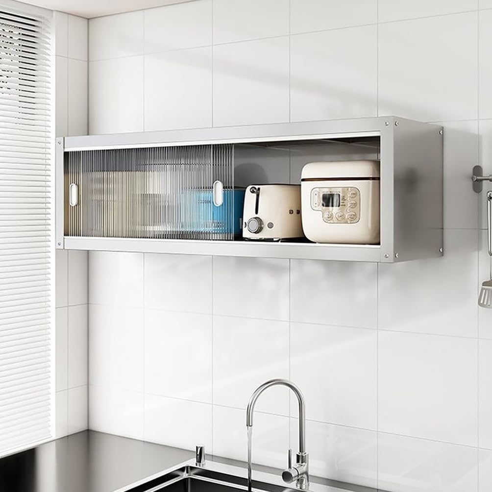 WYRNOBRX Stainless Steel Wall Cabinet, Floating Wall Cabinets Wall Mounted Storage Solution for Kitchen, Bathroom, Garage And Office, Featuring Sliding Door And Design,Silver,L100*H40*W35