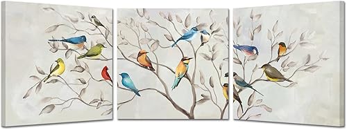 KREATIVE ARTS Lienzo cuadrado de 3 piezas de arte de pared de pájaros en ramas de árbol, impreso en decoración contemporánea del hogar y dormitorio,