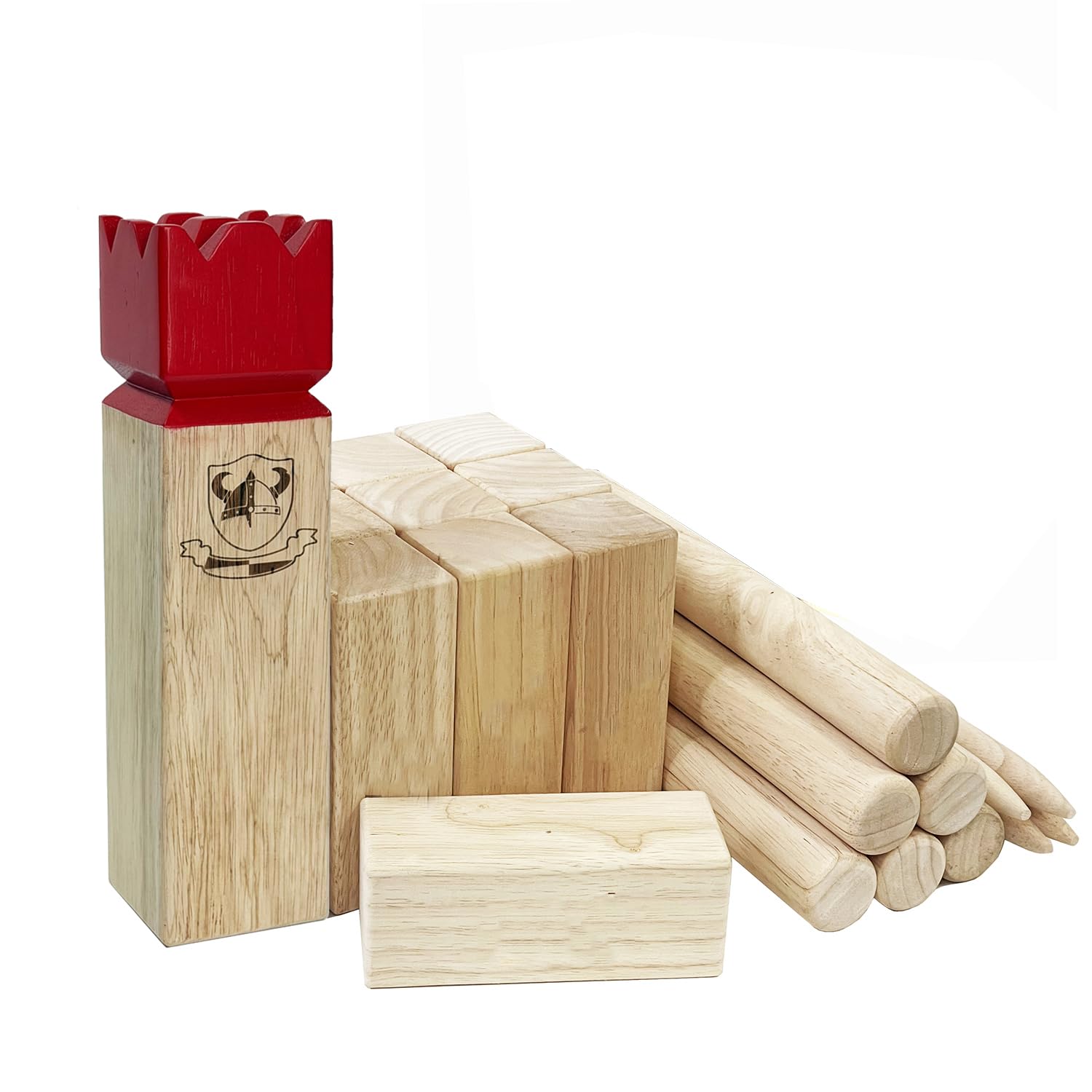 Jac & Mok Kubb Spielset - Hartholz Wikinger Spiele mit Gummiholzkiste -KUBB Werfen Outdoor Spiele (Verordnung, Roter König)