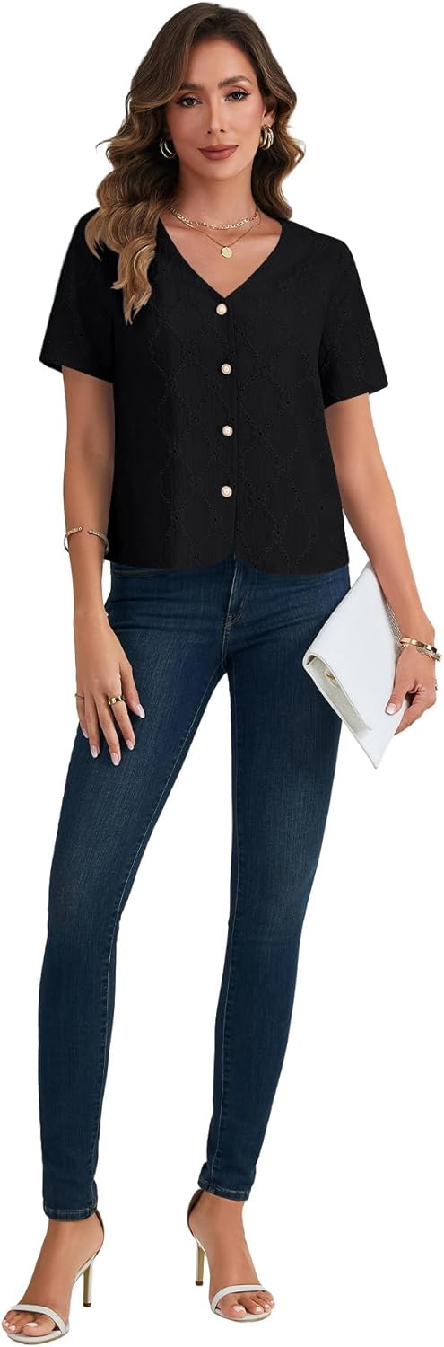 Rooscier Women's Eyelet Embroidery Button Down V Neck Short Sleeve Elegant Blouse Top - Image 6