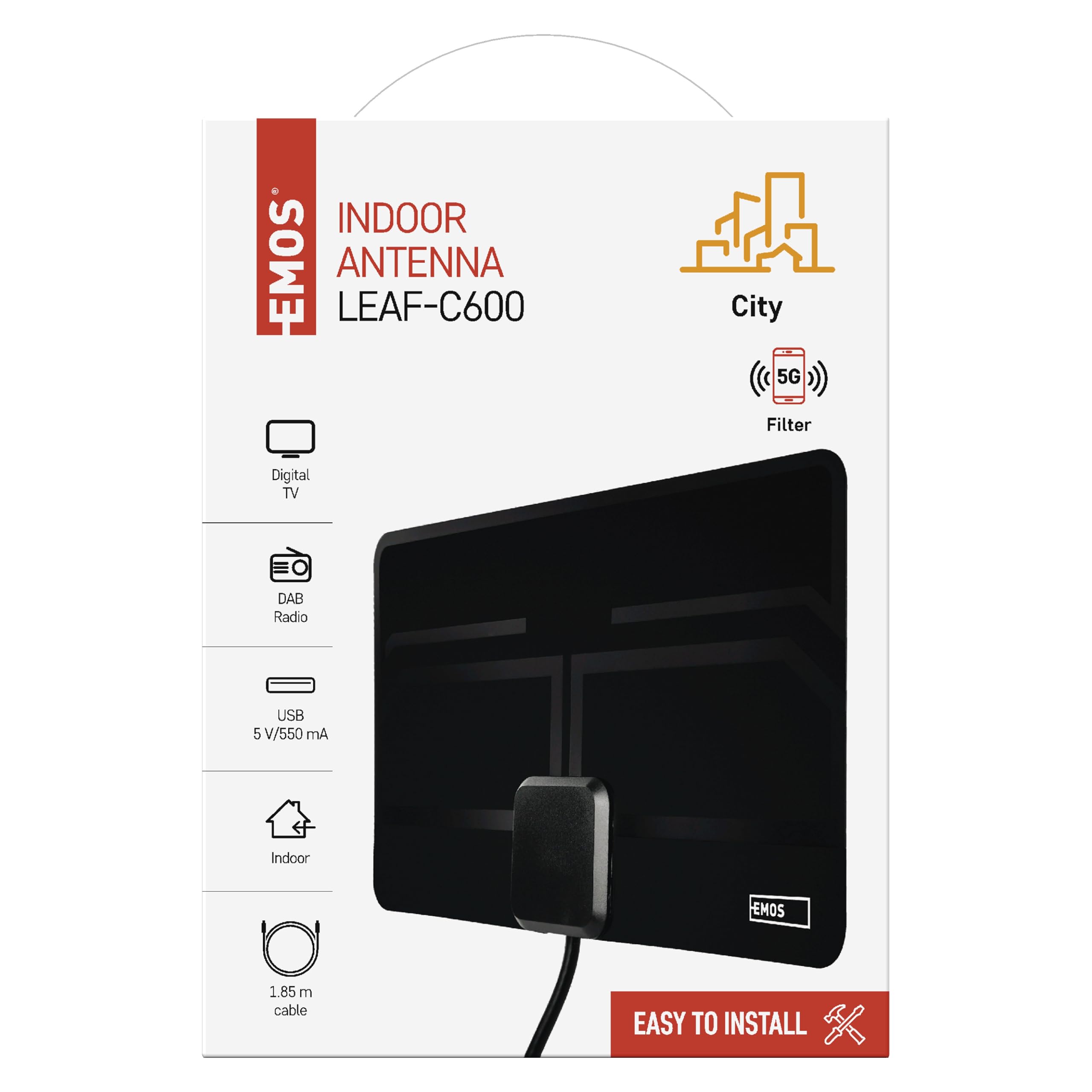 EMOS Płaska Antena Wewnętrzna J0709 - Aktywna, Cyfrowa, Telewizyjna Ze Wzmacniaczem, DVB-T/DVB-T2, Radio DAB, Filtr 3G/4G/5G/LTE, Adapter USB W Zestawie