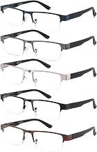 JM 5 Pack Reading Glasses Men Blue Light Magnifying Glasses for Reading | Rectangular Half Frame Spring Hinge Readers, Metal Frame Reading Glasses, Anti Eyestrain Computer Eyeglasses