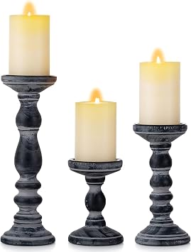 Romadedi Black and Gray Distressed Wood Pillar Candle Holders, Set of 3 | Rustic Farmhouse Wood Candle Set for Mantel, Dining Table Centerpiece, Entryway, Shelf.