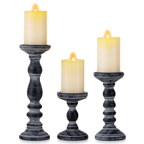 Romadedi Black and Gray Distressed Wood Pillar Candle Holders, Set