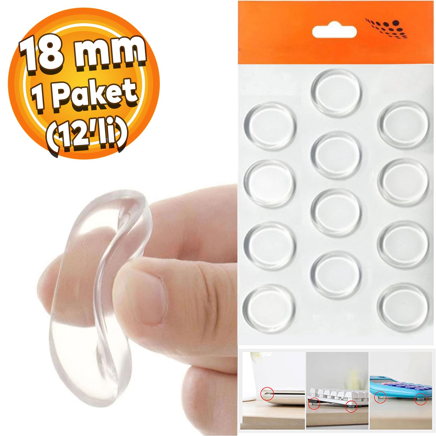 Badem10 Yapışkanlı Cam Tutucu Şeffaf 18 mm 12'Li Mobilya Raf Ses Tutucu