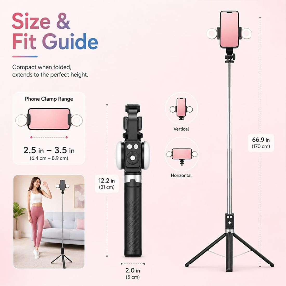 Bastone per selfie 6 in 1 con luce di riempimento, selfie con tracciamento automatico del viso, treppiedi con telecomando, 6 in 1, wireless, Bluetooth, per iPhone, Samsung, Android, rosa + bianco