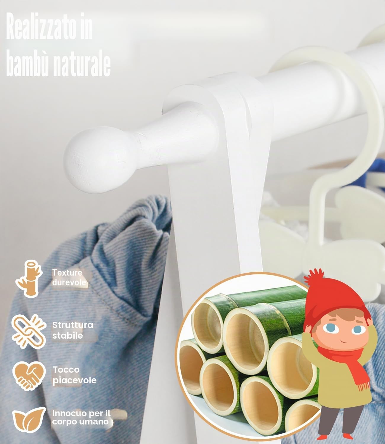 Appendiabiti per bambini con portaoggetti, appendiabiti per bambini, piccoli indumenti, per costumi, in bambù (bianco)