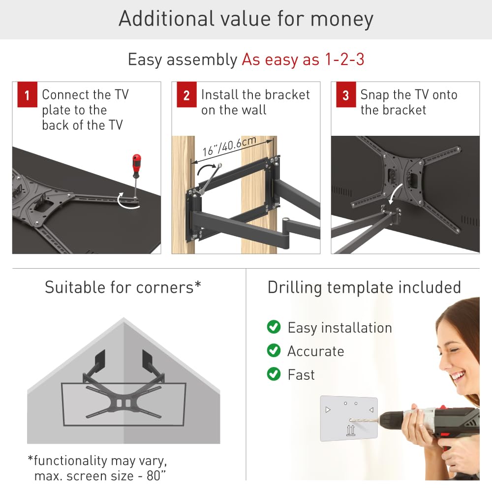 Barkan Longueur 101cm Support TV Mural pour écrans 13-80 Pouces, Double Bras, Inclinable et orientable, Poids Max. 50Kg, Extrêmement Stable, pour LED OLED LCD, jusqu'à VESA 600x400