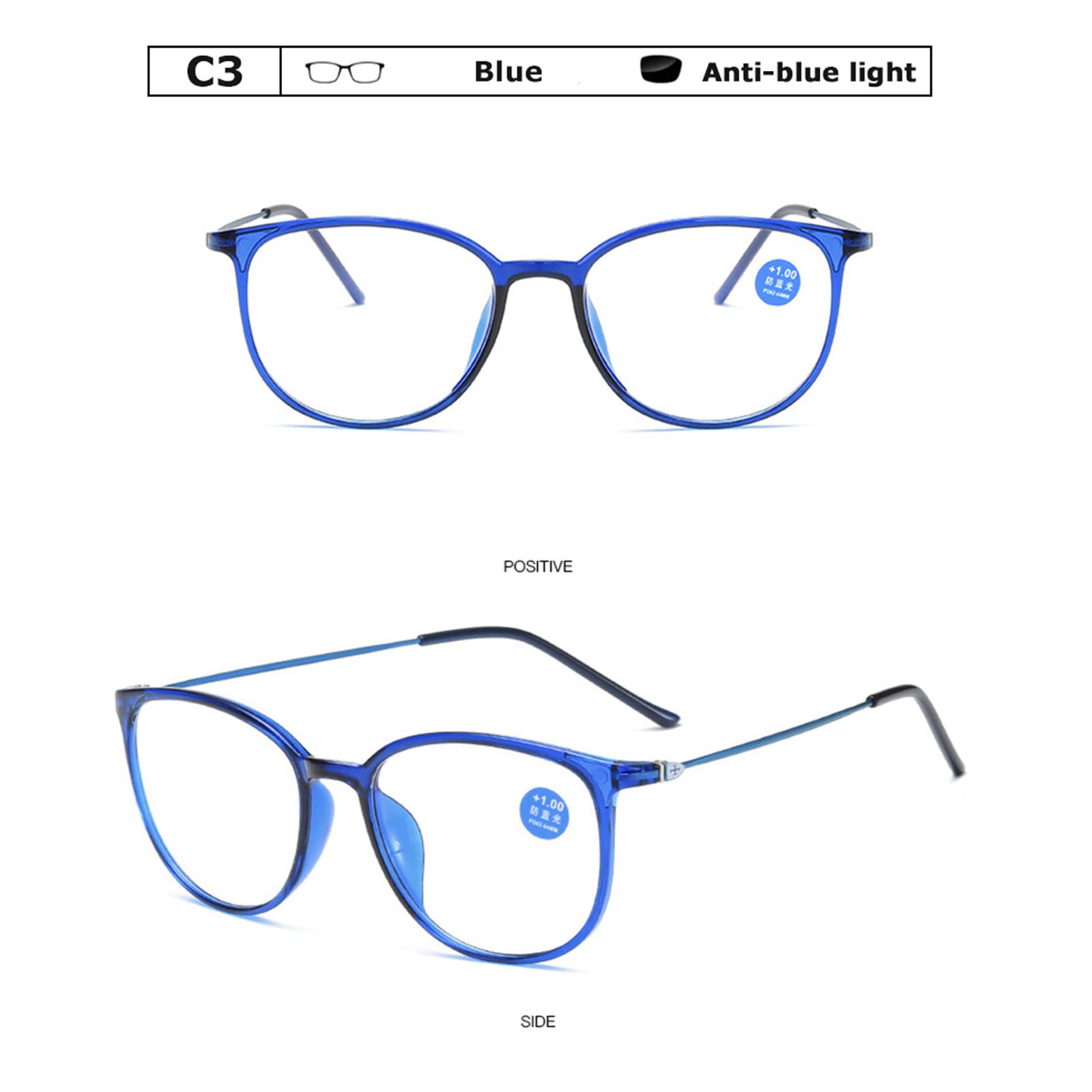 3 sztuk moda okrągłe okulary komputerowe okulary do czytania kobiety przeciw zmęczeniu męskie niebieskie światło blokujące okulary do wzroku optyczne,Blue,+2.5