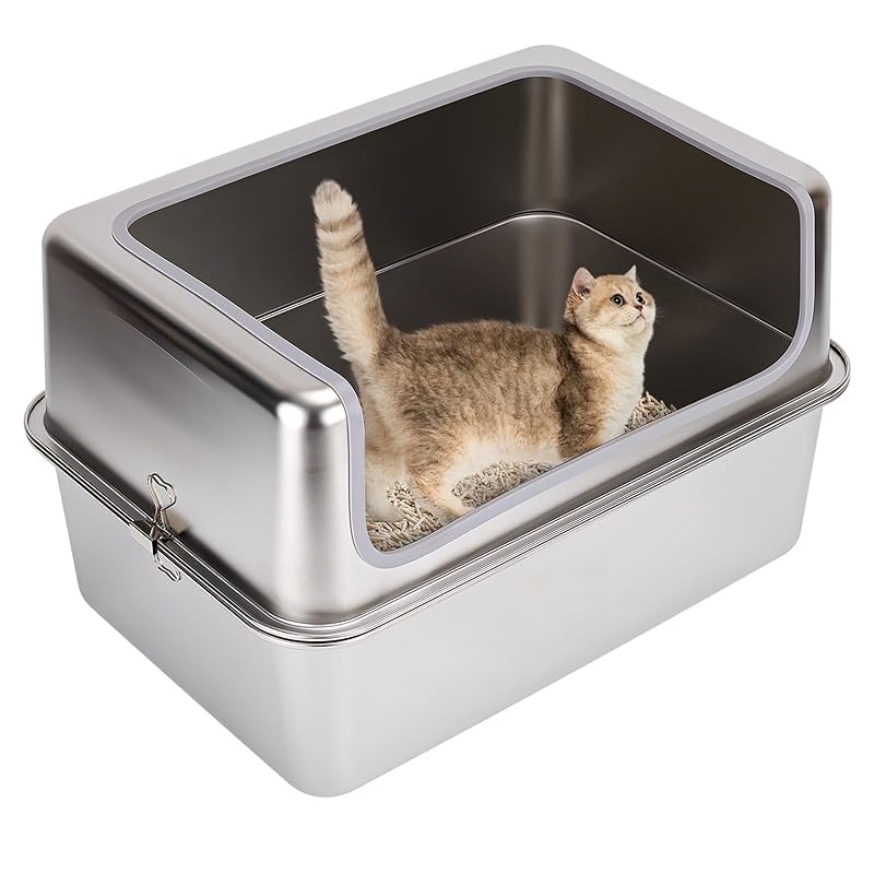 Caixa de areia para gatos em aço inoxidável com tampa metálica e paredes altas Amibud Extra Grande, 50,01 x 35 x 30,48 cm