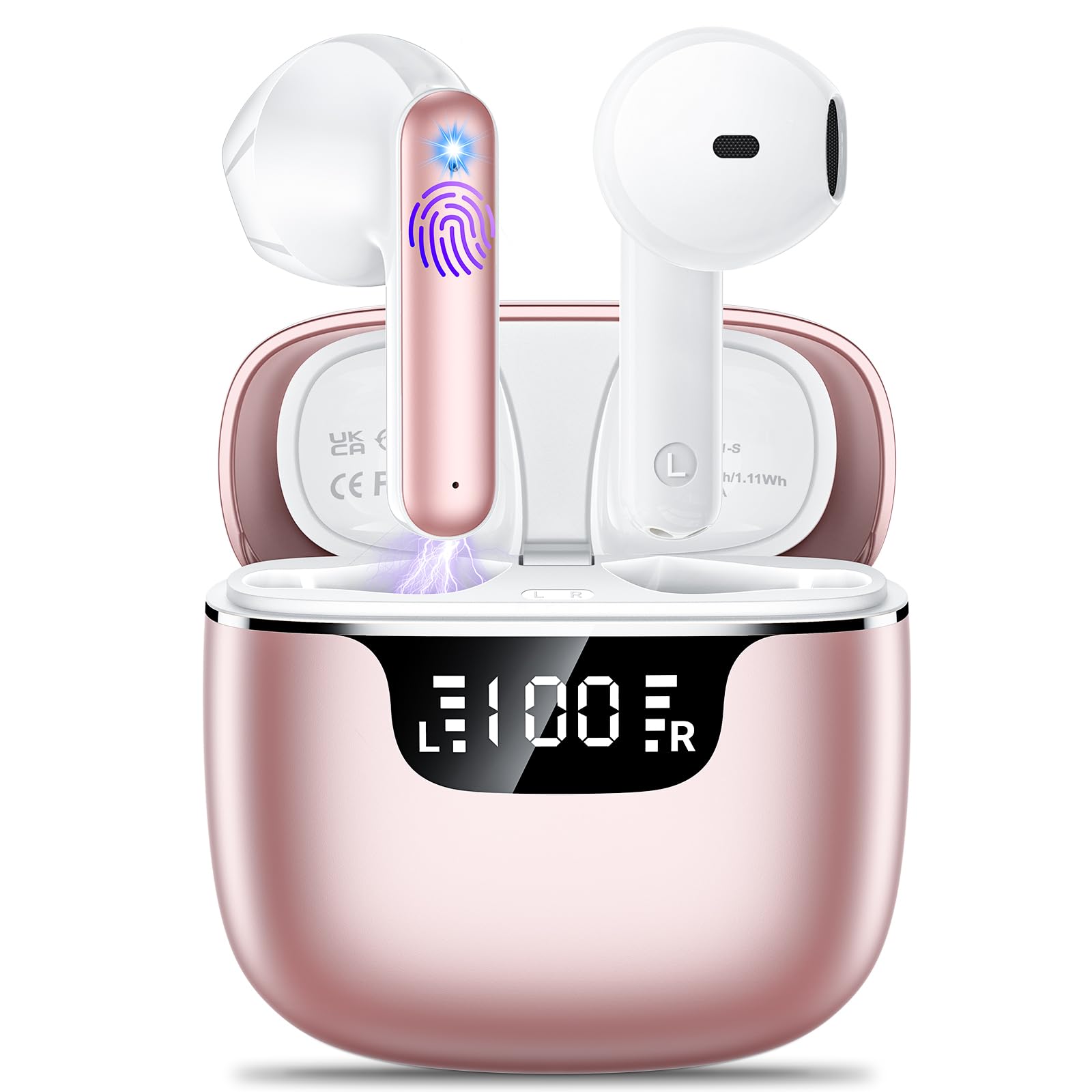 Wireless Earbuds, Bluetooth 5.4 Headphones with 42H Ultralight Ear Buds,Bluetooth Earbuds with 4 ENC Noise Cancelling Mics, HiFi Deep Bass Dual LED Display Waterproof Earphones for Android iOS, Rose