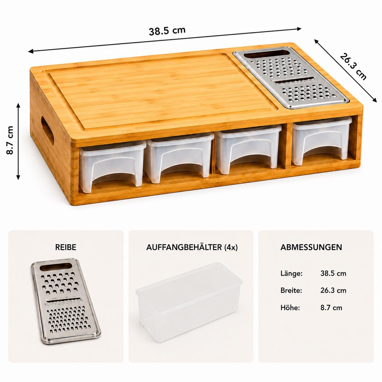 Planche à découper en bambou avec bac de récupération et 4 récipients - Coupe-légumes avec râpe/mandoline - Grande planche de cuisine antidérapante pour légumes, fruits et viandes
