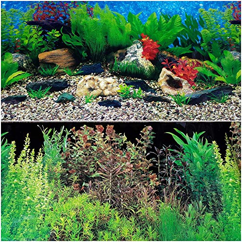 Double Sided Aquarium and Fish Tank Background 15 Inch High by 48 Inch Long (40cm x 120cm) Deep in Rocks or Natural Plants Themed Decor, Reversible Aquarium Background