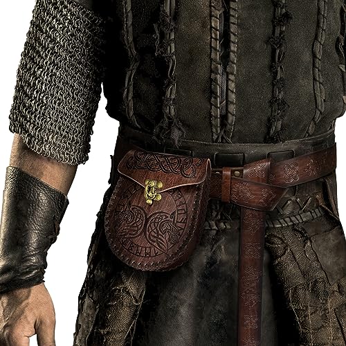 HiiFeuer Medieval Embossed O Ring Belt with Nordic Embossed Belt Bag, Vintage Faux Leather Belt and Belt Pouch Set for LARP2