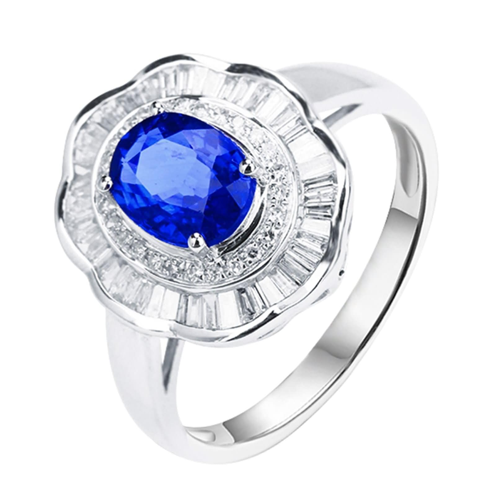 Beydodo Anillos de Compromiso Oro Blanco para Mujer 9 14 18 K con Oval con Zafiro Creado de 1.22ct y Moissanita, Anillo Mujer Boda Plata Azul