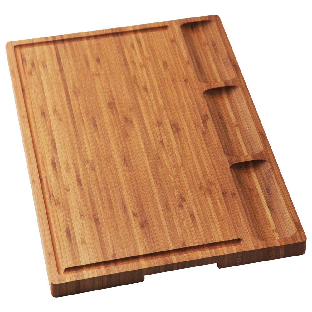Cutting Board for Kitchen, Bamboo Wood Large Cheese Turkey Serving Tray, 20 x 15", with 3 Built-In Dividers, Juice Grooves, Side Handles