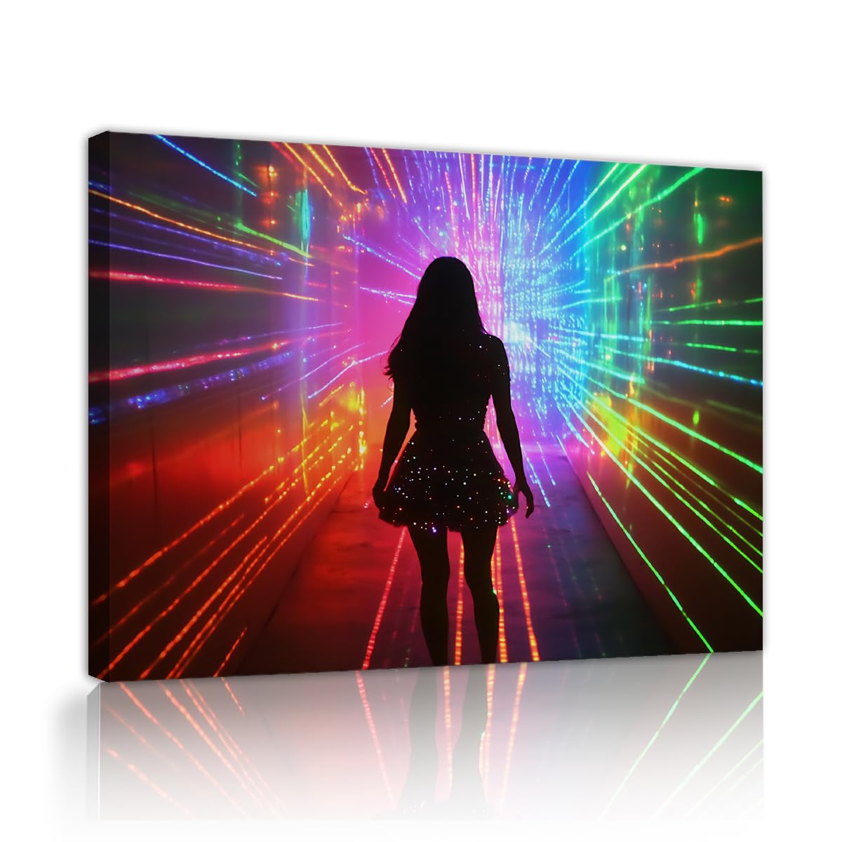 TOANGWALL Woman Silhouette Canvas Wall Art Colorful Stripes Pattern Print Rainbow Time Tunnel Background Framed Mural Graphic Poster for Lounge Studio Bar Decor 80x95cm