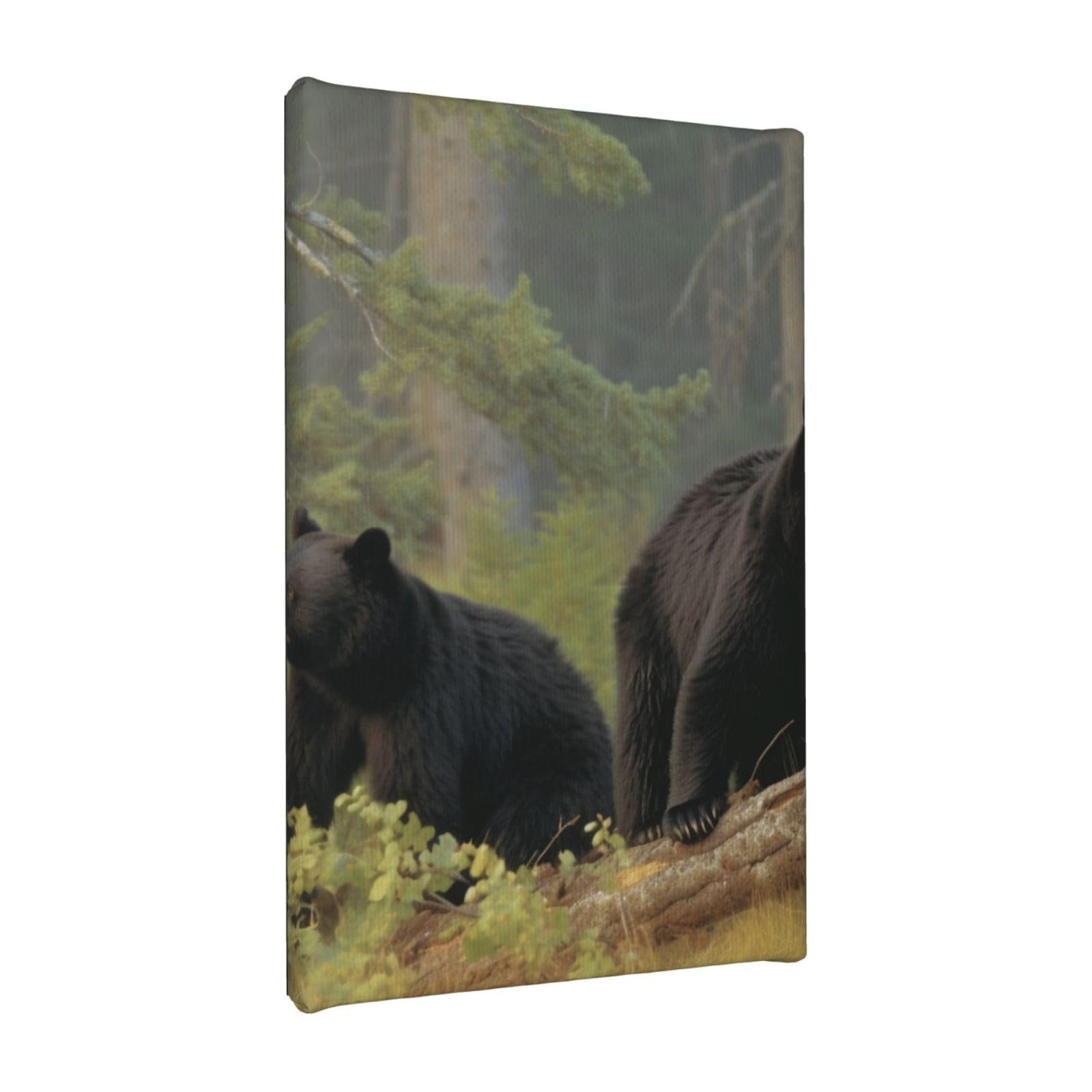YKLJG Black Bears Printed Wall Art Canvas Painting 20x30 CM Wooden Framed Picture Painting Artwork Prints for Bedroom Kitchen Home Office Decor