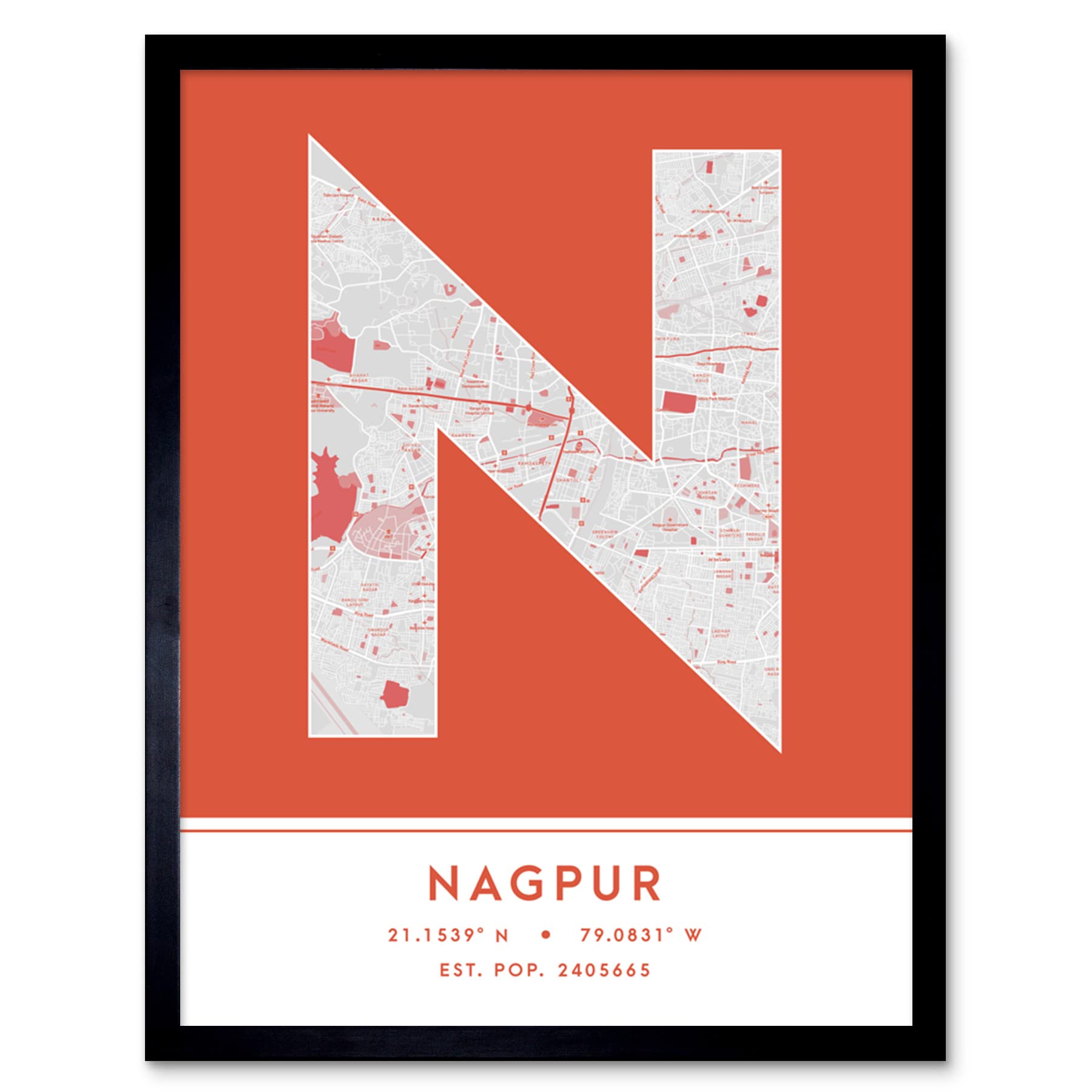 Wee Blue Coo Nagpur India City Map Orange Colour Block Modern Typography Stylish Letter Framed Word Wall Art Print Poster for Home Décor CITYMAP1