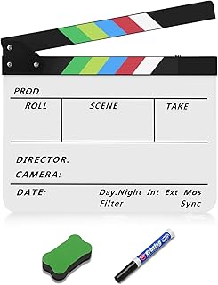Flexzion Directors Film Clapper Board Film Slate, Acrylic Plastic Dry Erase Movie Clapboard for Studio Camera Theater Props TV Video Film Cut Action Scene Slate Board 10x12 with Color Sticks