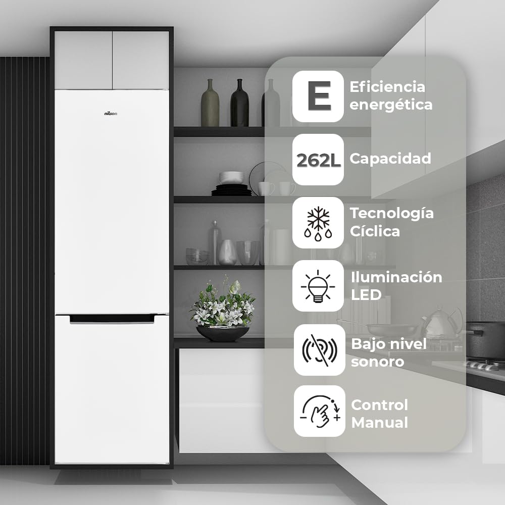 Nilson Frigorífico Combi 2 Puertas Blanco NC185500E. Capacidad 262 L, Puerta Reversible, Bajo Nivel Sonoro, Eficiencia Energética Clase E