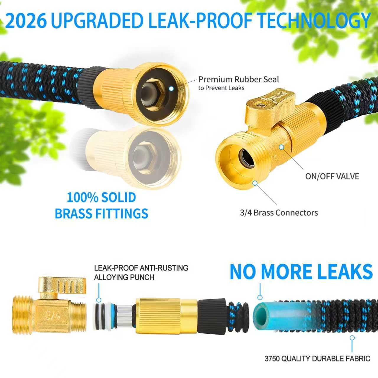 50 ft Expandable Garden Hose with 10 Spray Nozzle - Heavy Duty Superior Strength 3750D - 4 -Layer Latex Core - Expanding Water Hoses - Extra Strong Brass Connectors/Storage Bag - 3