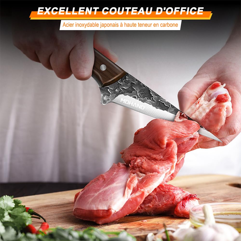 ZENG Set de 4 Couteaux de Cuisine Professionnel, Couteau Chef, Légume, Désosseur, Fusil – Malette Couteaux Professionnel Noire, Pour Cuisine et Extérieur