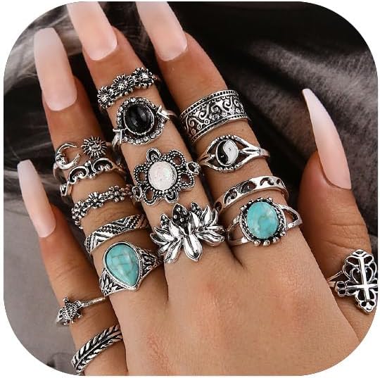 Vintage Knuckle Rings Set, Chunky Turquoise Stackable Rings, Silver Joint Finger Stacking Rings, Bohemian Western Jewelry for Women