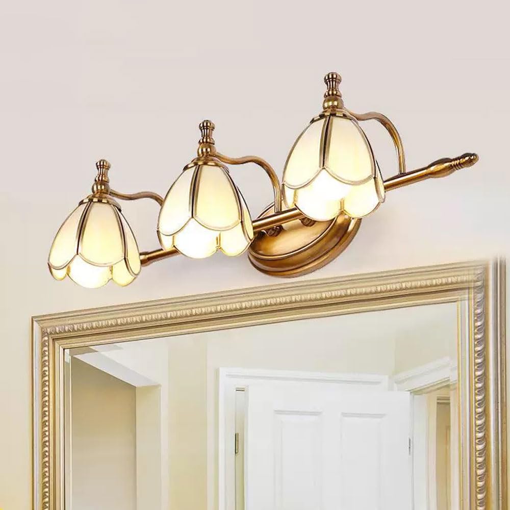 LED Wall Sconce Light Modern Bathroom Vanity Fixtures, Vintage Brushed Antique Over Mirror, Luxury Brass with White Frost Flower Glass Shade, E14 Hardwired French Art Lamp