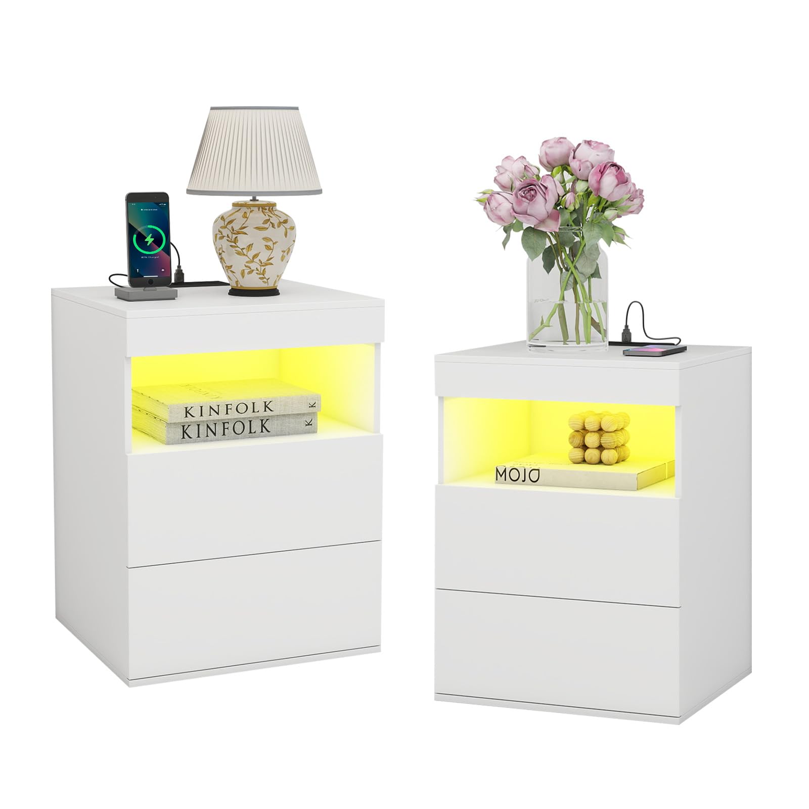 Bedside Table Set of 2, Modern Nightstand with Charging Station & LED Light