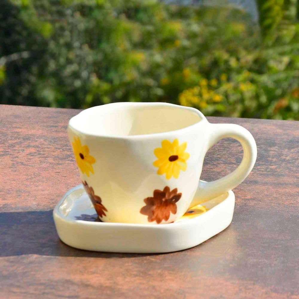 EARTHYSTONE Ceramic Heart Print Tea/Coffee Mug | Tea/Coffee Heart Cup and Saucer Set | Microwave Safe | Gift Valentine Day Birthday (Sunflower Yellow) (B0D7M3Q1WG) Amazon Price History, Amazon Price Tracker